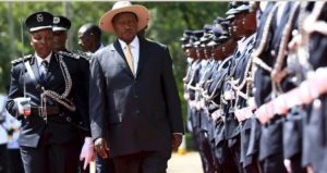 Ugandan leader, Yuweri Museveni inspecting the guard of honor